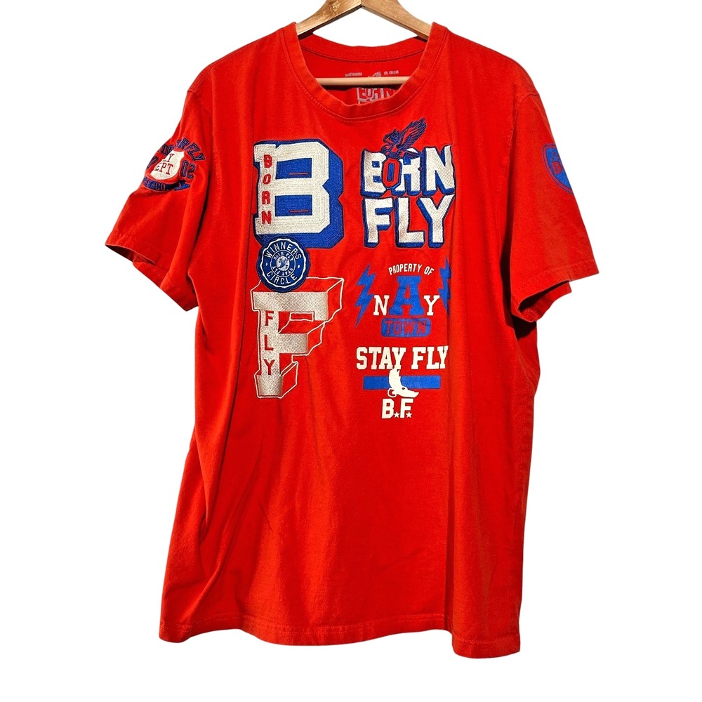 BORN FLY Vintage Red Short Sleeve T-Shirt Hip Hop Embroidered Patches Streetwear